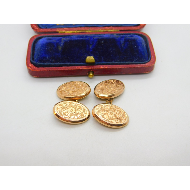 Edwardian 9ct Rose Gold Floral Pattern Gents Cufflinks 1902 Chester Antique