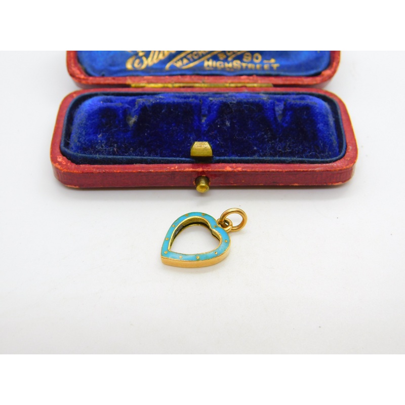 Edwardian 9ct Yellow Gold & Blue Enamel Heart Frame Pendant Antique c1910