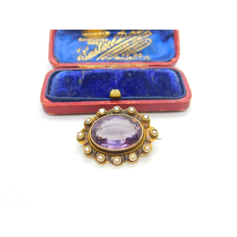 Edwardian 9ct Yellow Gold, Seed Pearl & Amethyst Floral Brooch Antique c1910