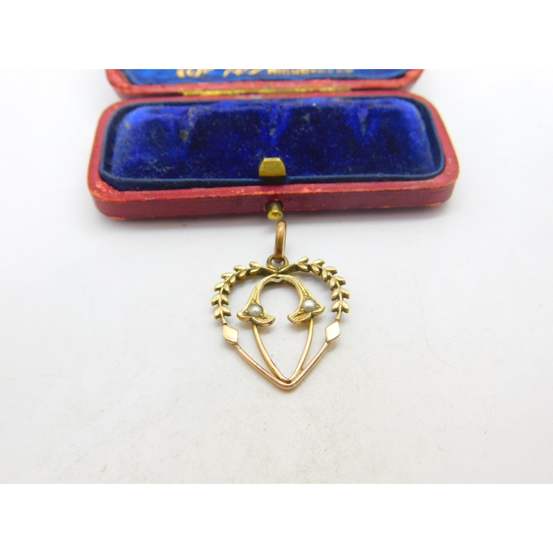 Edwardian Gold Plated Seed Pearl Set Wreath Form Heart Drop Pendant c1910