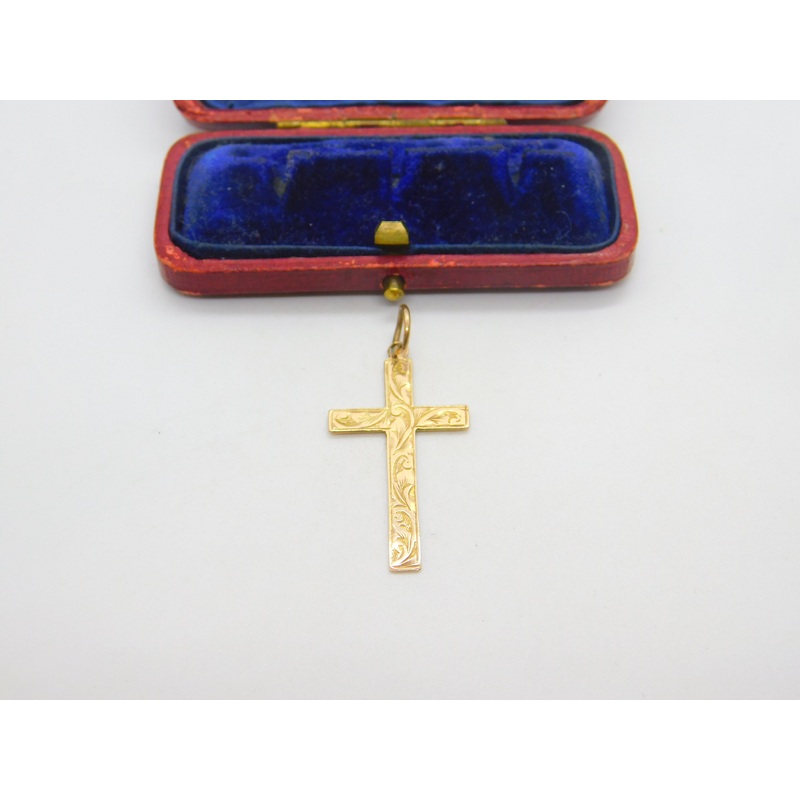 Fern Leaf Pattern 9ct Yellow Gold Cross Pendant Antique Victorian c1890