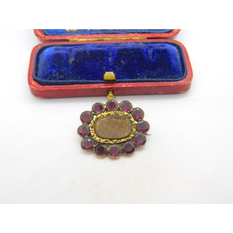 Georgian 9ct Gold, Almandine Garnet, Woven Hair Mourning Brooch Pendant Antique