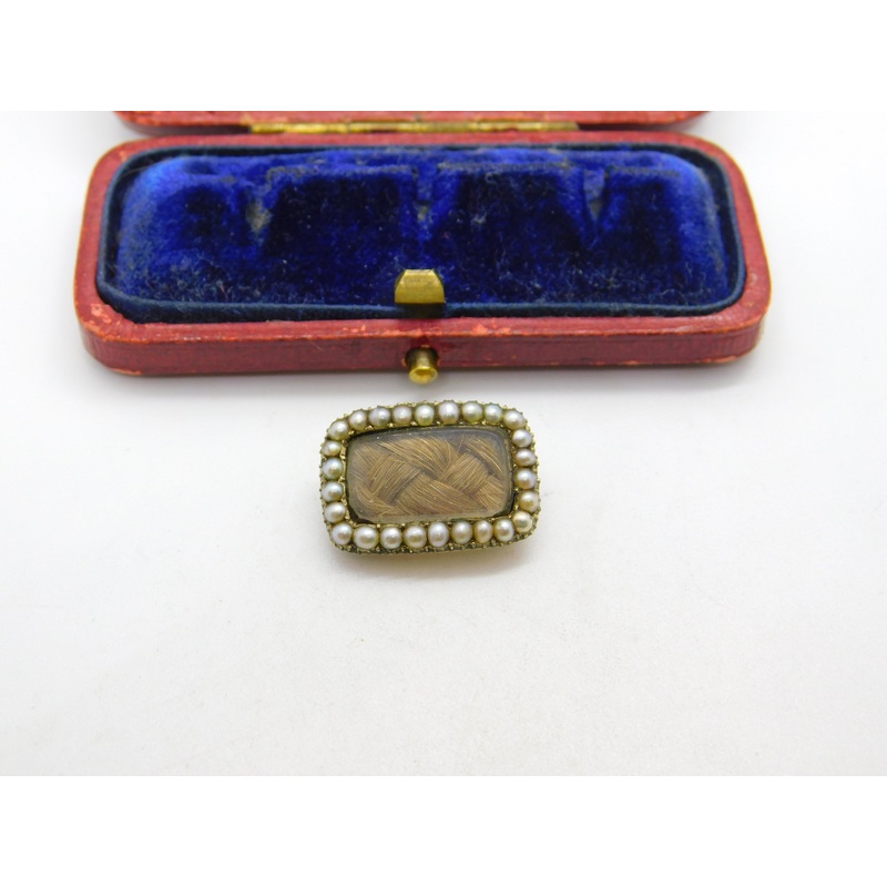 Georgian 9ct Gold, Seed Pearl & Woven Hair Mourning Brooch AF Antique c1810