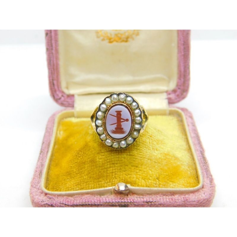Georgian Early 15ct Yellow Gold, Seed Pearl & Sardonyx Intaglio Seal Ring c1790