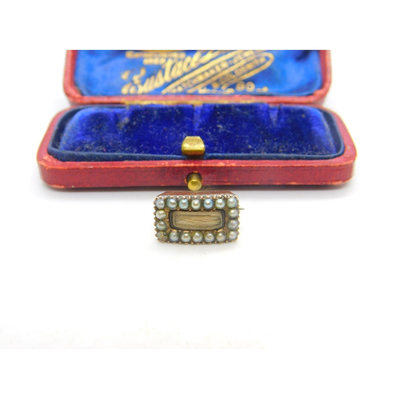 Georgian Small 9ct Gold, Seed Pearl & Hair Mourning Brooch c1820 Antique
