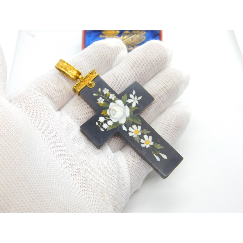 Large Victorian 18ct Gold Daisy Flower Pietra Dura Cross Pendant c1860 AF