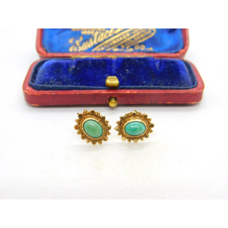 Pair of 9ct Yellow Gold & Cabochon Turquoise Set Stud Earrings 1963 Vintage