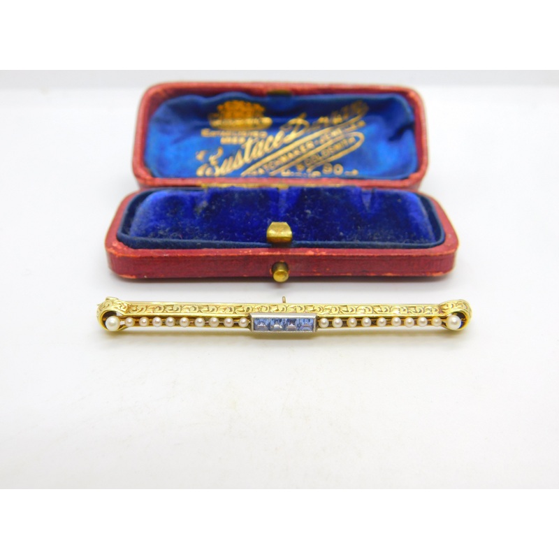 Victorian 14ct Yellow Gold, Seed Pearl & Sapphire Set Bar Brooch c1880 Antique