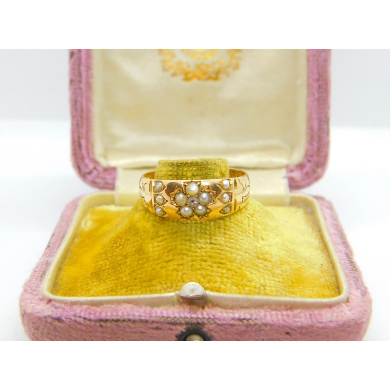 Victorian 15ct Gold, Seed Pearl & Diamond Floral Sweetheart Ring Chester 1886