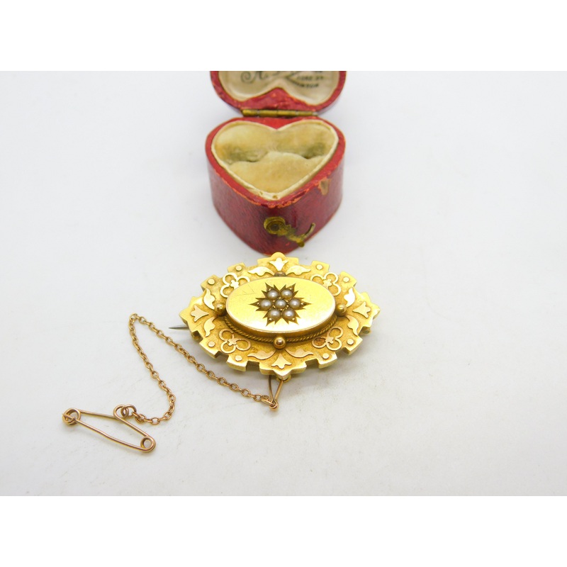 Victorian 15ct Gold & Seed Pearl Mourning Brooch 1864 Birmingham Antique