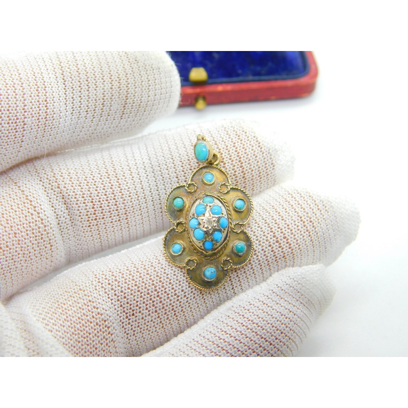 Victorian 15ct Gold, Turquoise & Diamond Floral Drop Pendant c1860 Antique