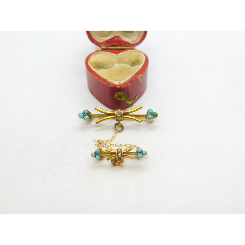 Victorian 15ct Gold, Turquoise, Diamond & Seed Pearl Double Knot Brooch c1850
