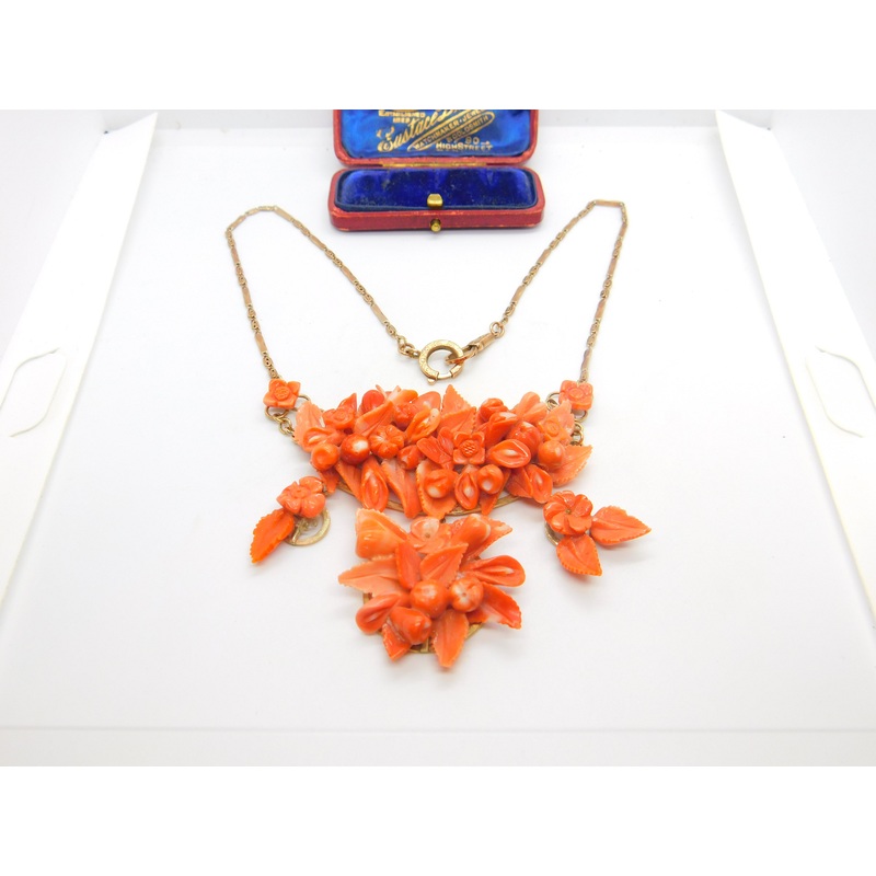 Victorian 8ct Rose Gold Large Carved Red Coral Floral Statement Necklace c1880