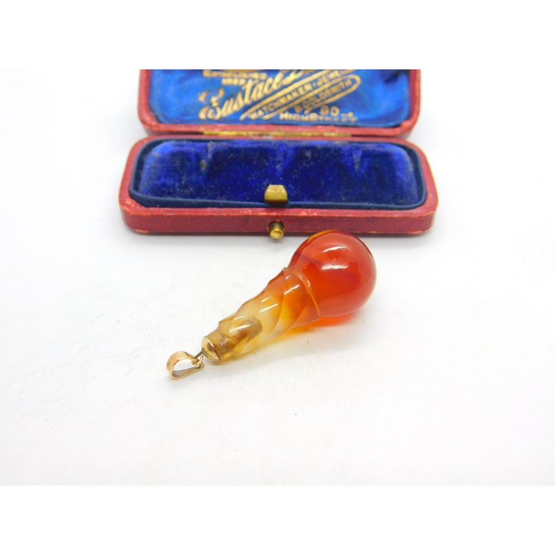 Victorian 9ct Gold & Carved Carnelian Agate Ball Form Drop Pendant Antique c1880