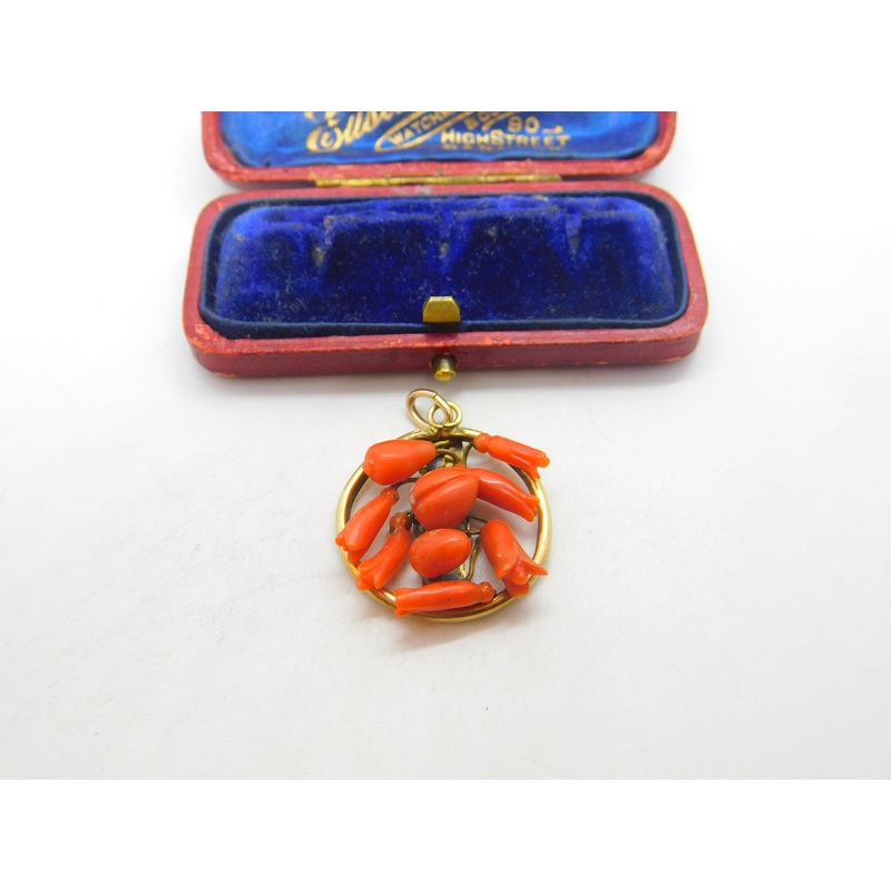 Victorian 9ct Gold & Carved Floral Red Coral Drop Pendant Antique c1860