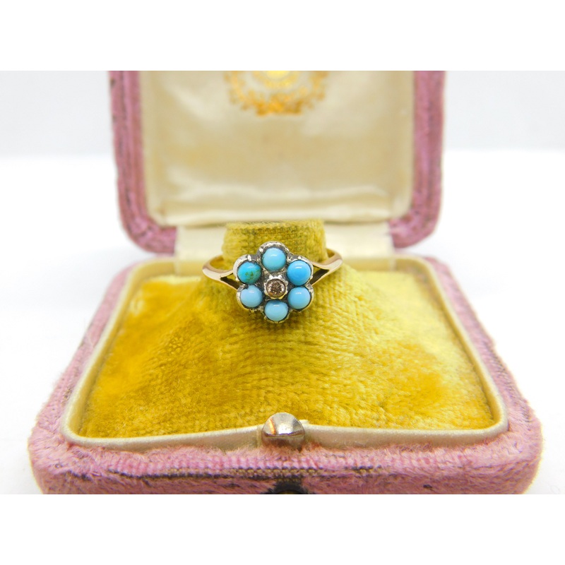 Victorian 9ct Gold, Turquoise & Natural Diamond Floral Cluster Ring Antique