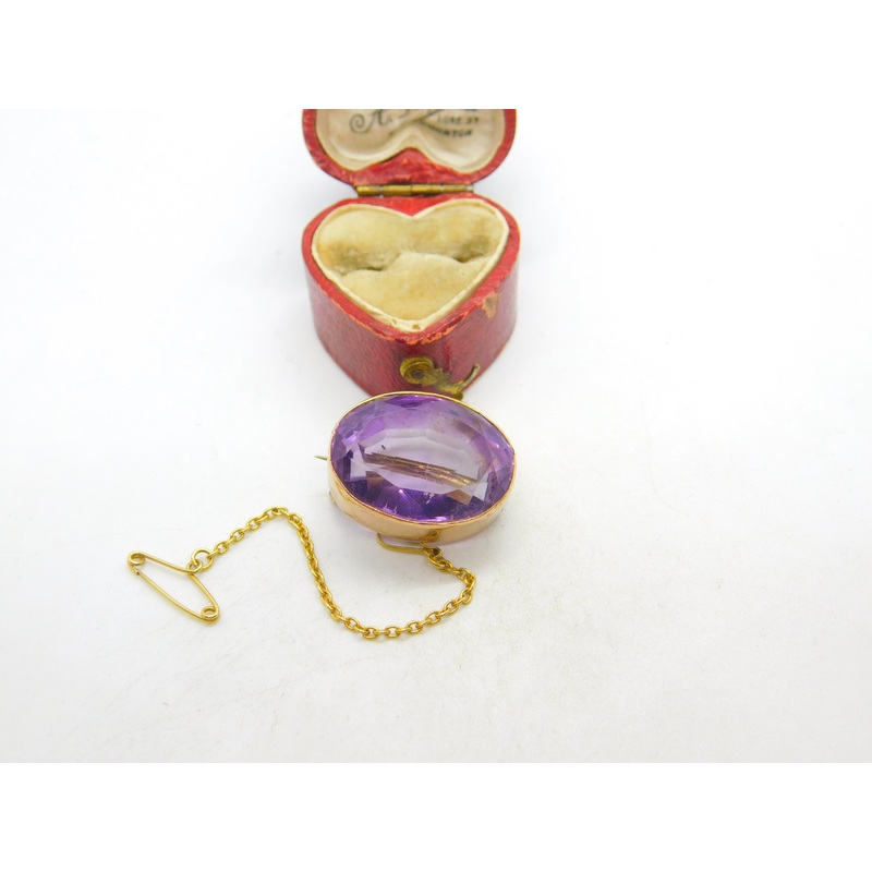 Victorian 9ct Yellow Gold & Faceted Amethyst Button Brooch Antique c1850