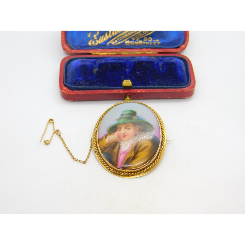 Victorian 9ct Yellow Gold Painted Porcelain Young Man Set Brooch Antique c1890