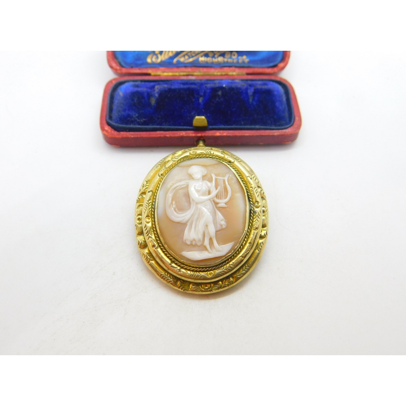 Victorian Gold Plated Carved Shell Classical Lyre Cameo Brooch Antique c1860