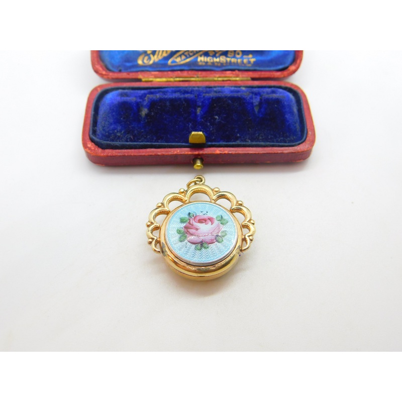 Victorian Gold Plated Floral Guilloche Enamel Sweetheart Fob Locket Pendant 1900