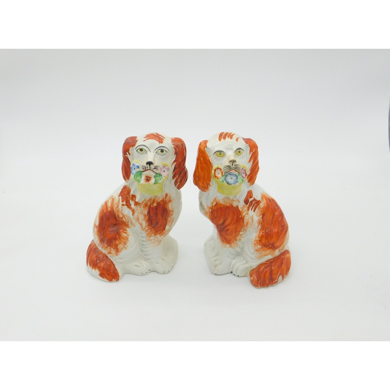 Victorian Pair of Staffordshire Pottery Spaniels Flower Baskets Antique c1860