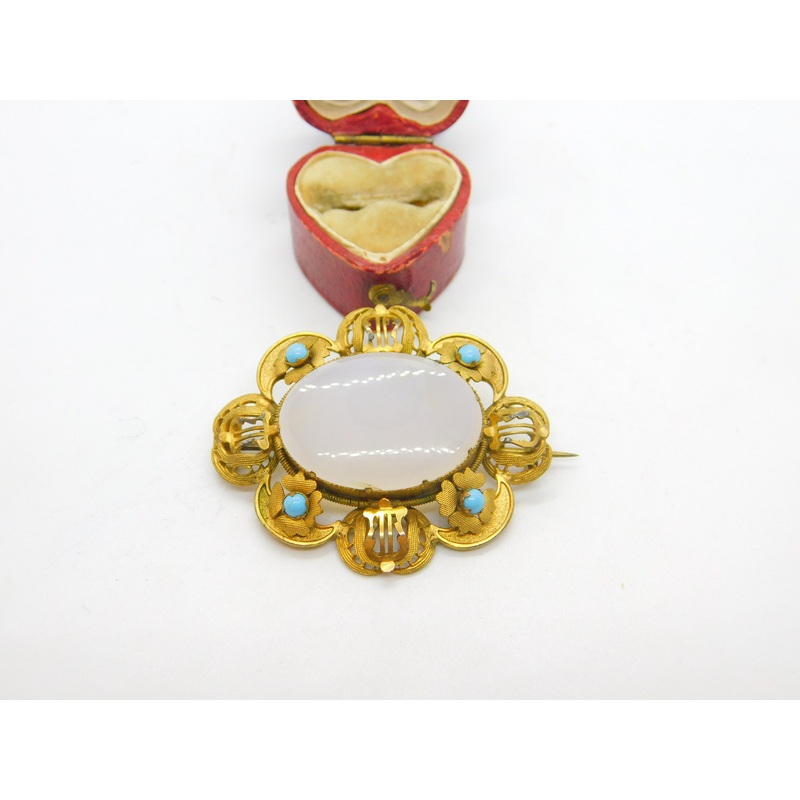 Victorian Pinchbeck Gold, Turquoise & Chalcedony Floral Brooch Antique c1860