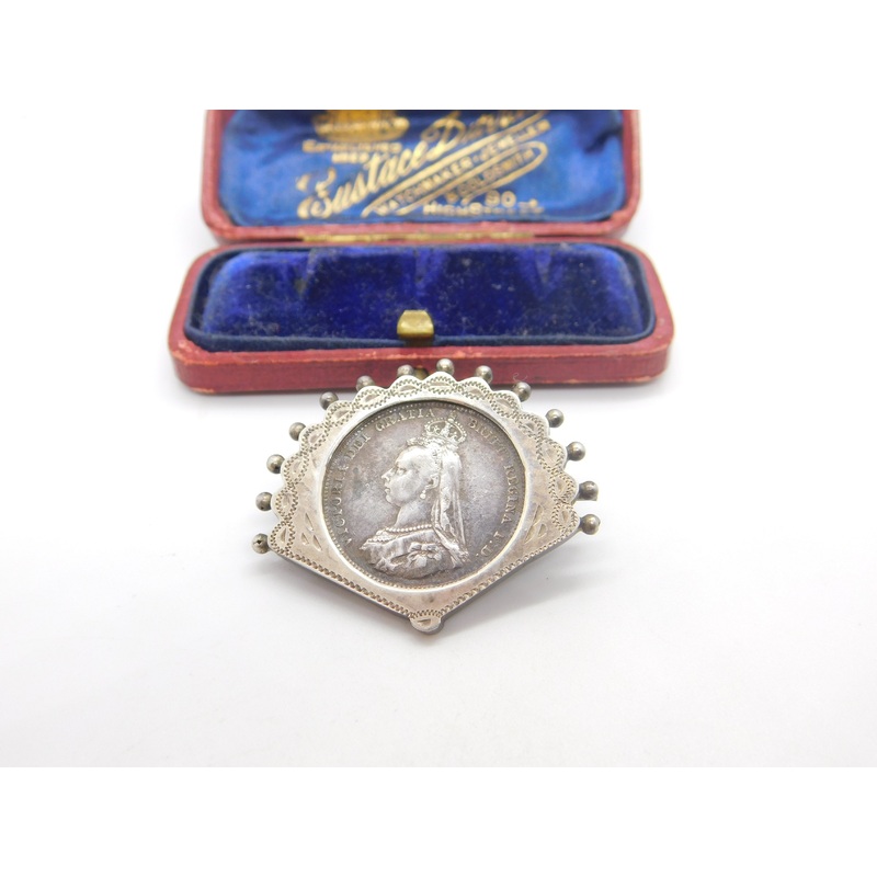 Victorian Sterling Shilling Coin Fan Form Brooch 1887 Antique Jubilee Year