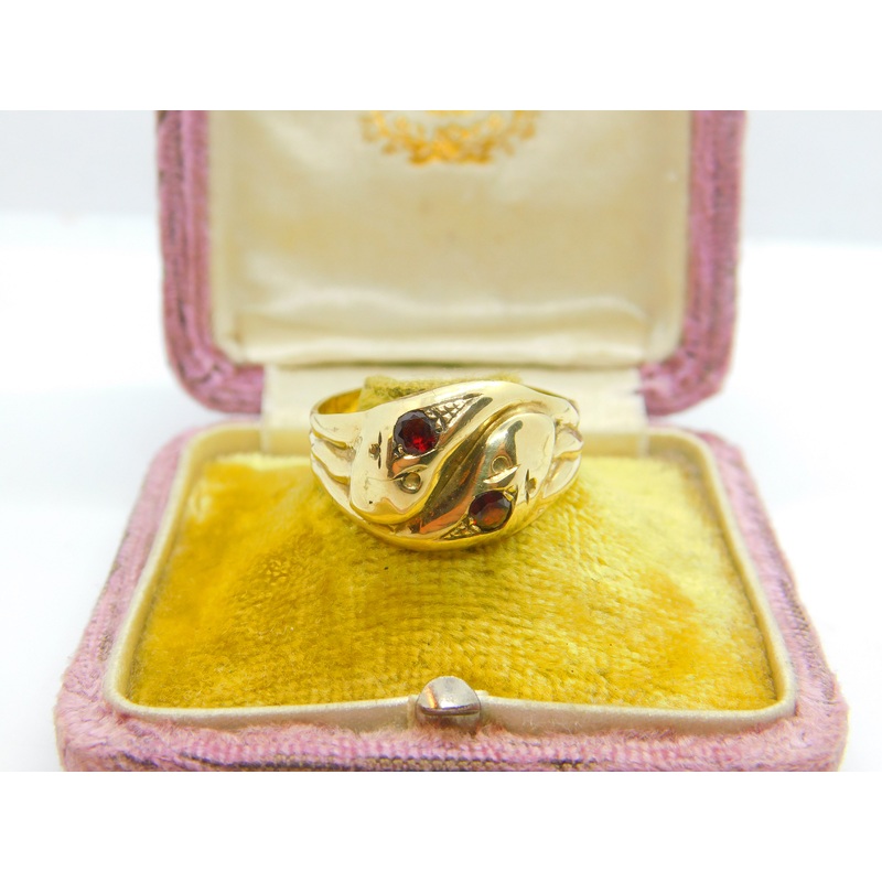 Victorian Style 9ct Gold & Garnet Snake or Serpent Crossover Ring Vintage 1964