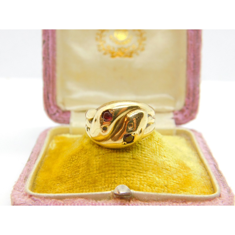 Victorian Style 9ct Yellow Gold & Garnet Snake or Serpent Crossover Ring Vintage
