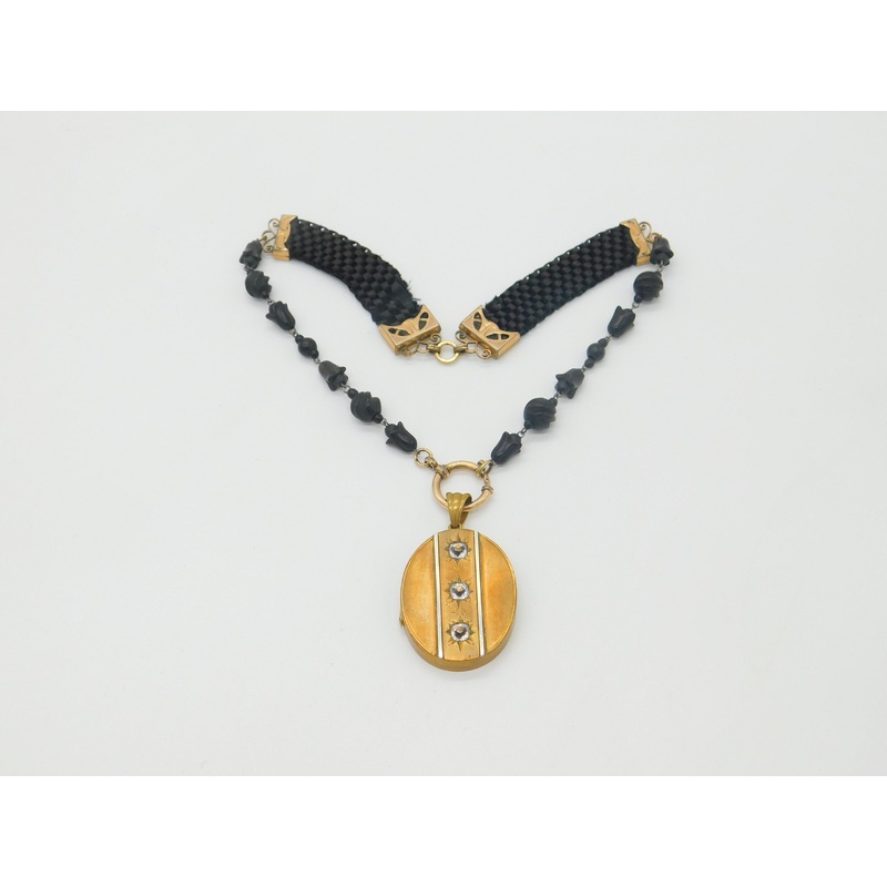 Victorian Whitby Jet, Rolled Gold Large Mourning Locket Necklace Antique c1850