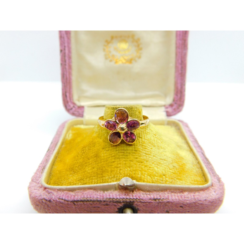 14ct Yellow Gold Almandine Garnet Floral Band Ring Antique c1920 Art Deco