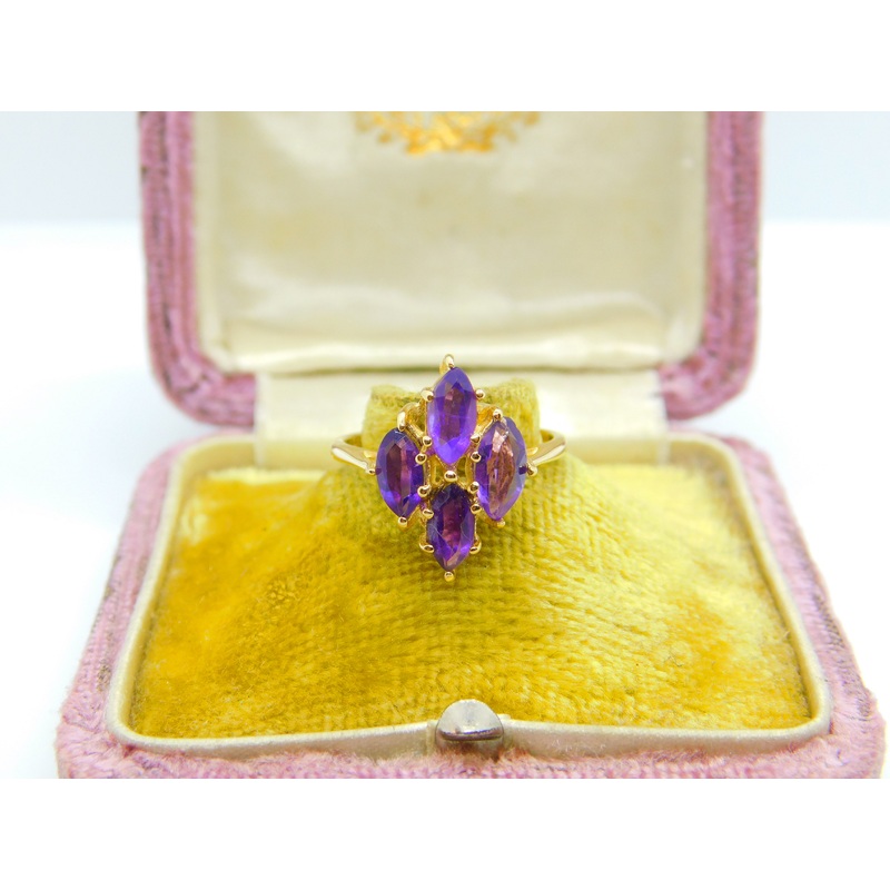 14ct Yellow Gold Amethyst Set Floral Cluster Ring Antique c1930 Art Deco