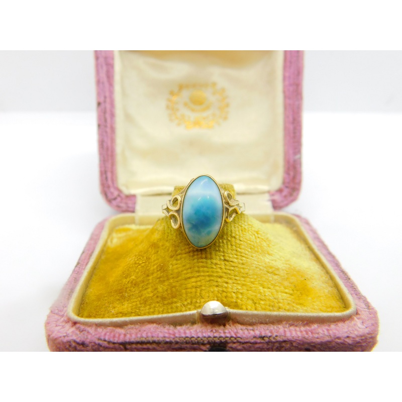 14ct Yellow Gold Cabochon Cut Blue Larimar Set Band Ring Vintage c1970