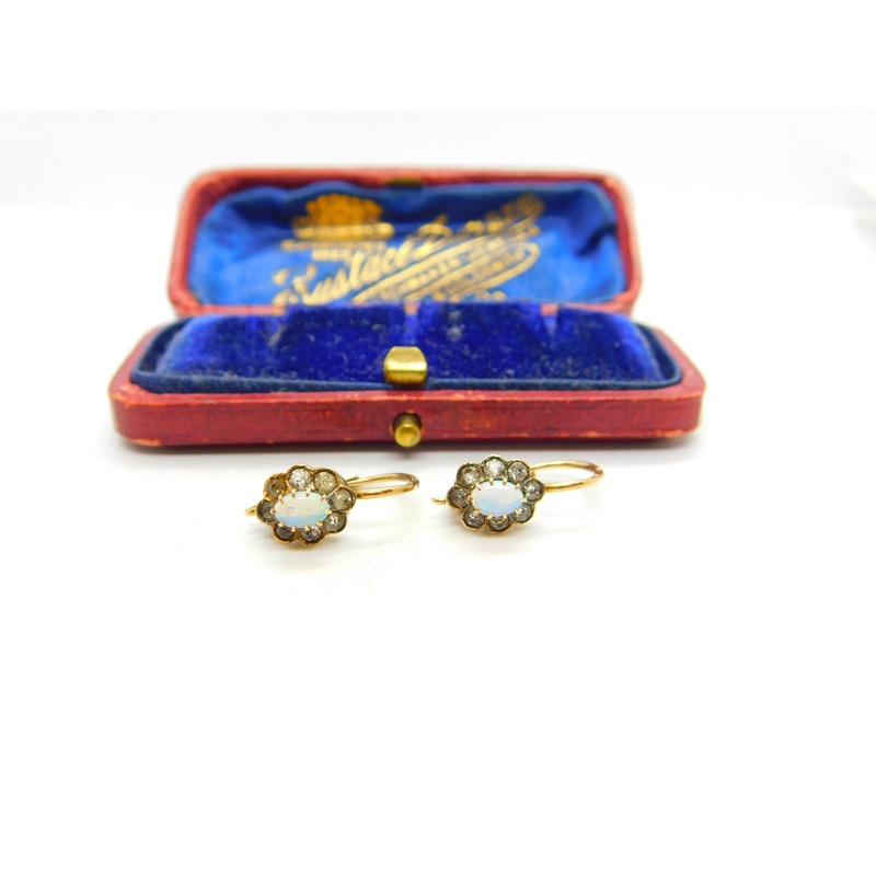 14ct Yellow Gold, Diamond Paste & Cabochon Opal Floral Earrings Antique c1920