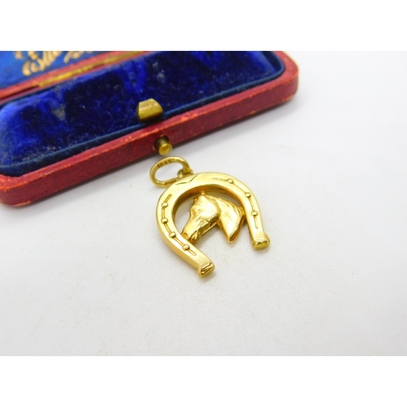 14ct Yellow Gold Horseshoe & Horse's Head Good Luck Pendant Vintage c1970