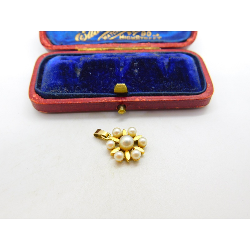 14ct Yellow Gold & Pearl Set Daisy Floral Pendant Antique c1920 Art Deco
