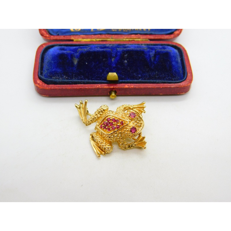 14ct Yellow Gold Ruby Set Leaping Frog Statement Brooch Pin Vintage c1970