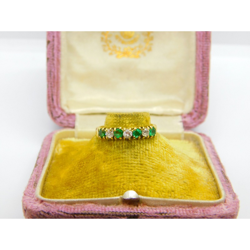 18ct Yellow Gold, 0.3ct Diamond & Emerald Half Eternity Ring 1987 Birmingham