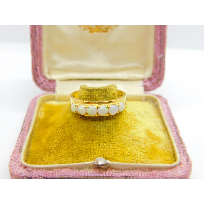 18ct Yellow Gold & Fire Opal Set Half Eternity Band Ring Antique c1930 Art Deco