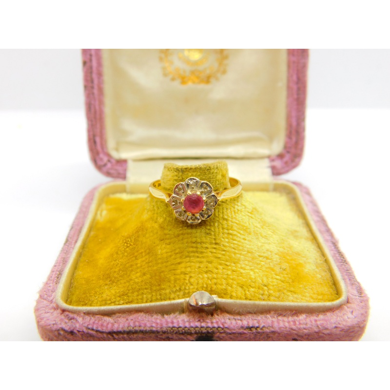 18ct Yellow Gold, Ruby & Diamond Floral Cluster Ring 1953 Birmingham Vintage