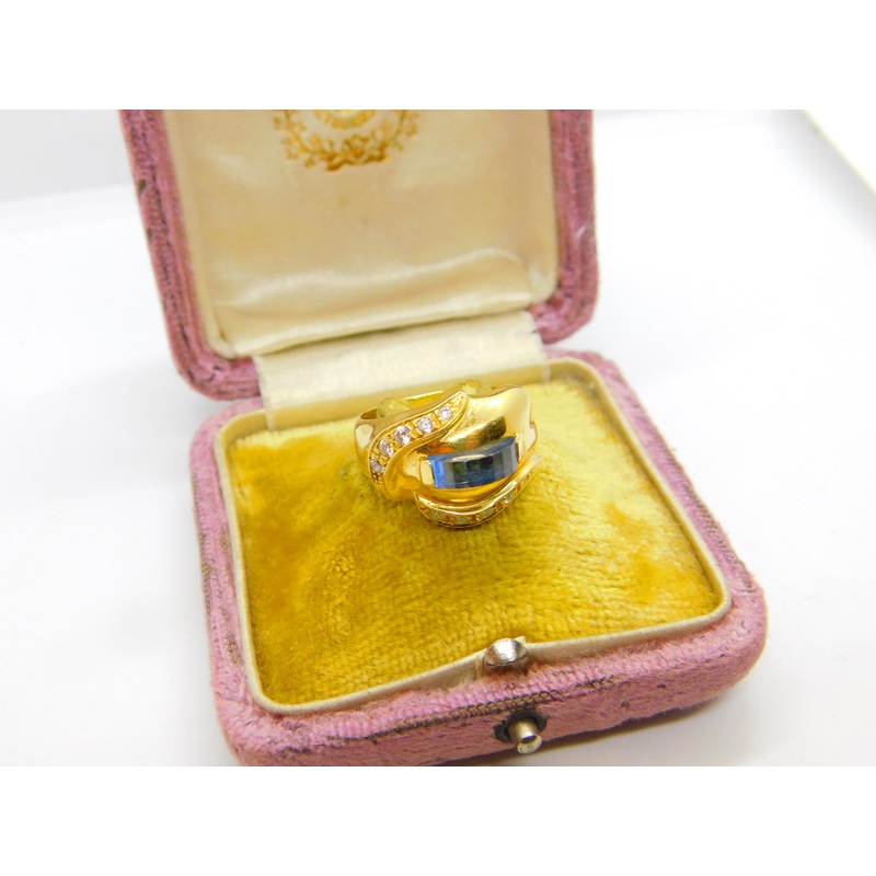 18ct Yellow Gold, Sapphire & Diamond Paste Modernist Dress Ring Vintage c1970