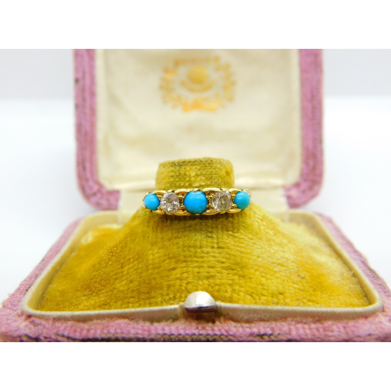 18ct Yellow Gold, Turquoise & 0.4ct Diamond Boat Ring 1913 London Antique