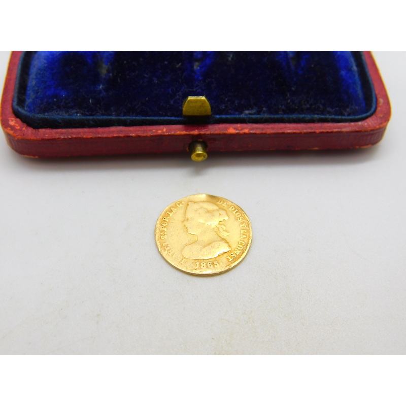 21ct Gold Isabel II Spanish 2 Escudos Coin 1863 Antique Fair Condition