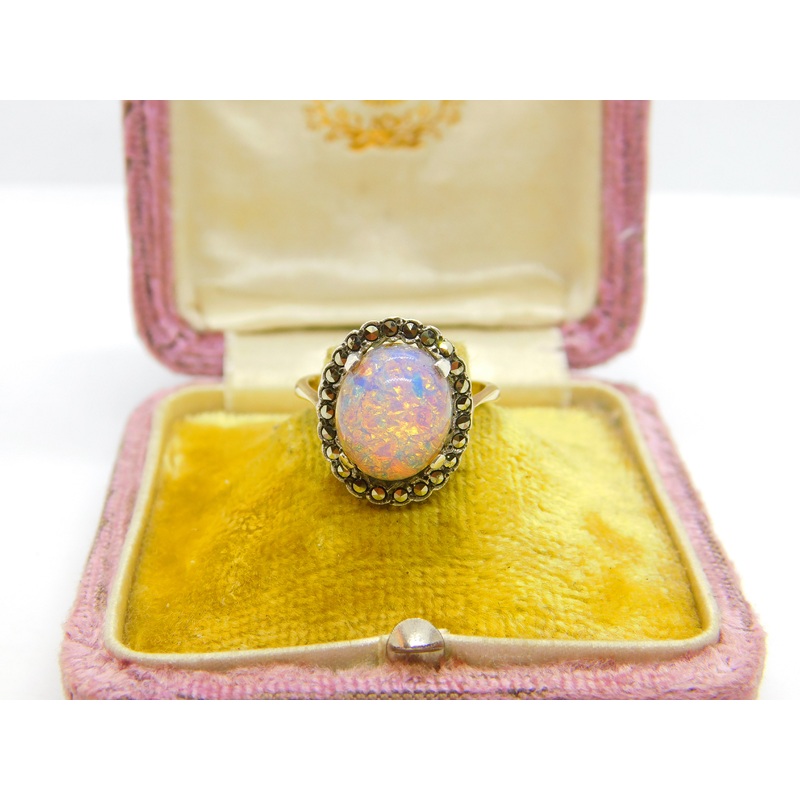 9ct Gold Cabochon Doublet Opal & Marcasite Dress Ring c1920 Antique Art Deco