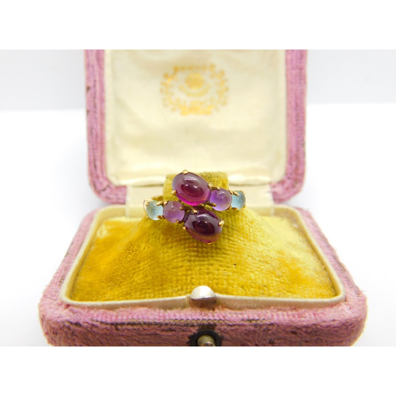 9ct Gold, Cabochon Garnet, Amethyst, Topaz Crossover Ring Vintage c1980