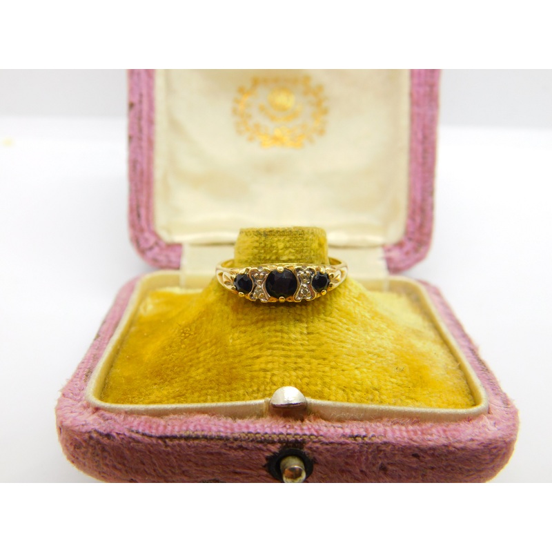 9ct Gold, Sapphire & Diamond Victorian Style Boat Ring 1982 Birmingham Vintage