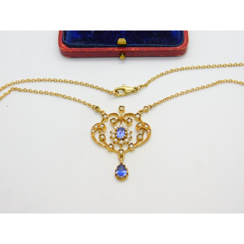 9ct Gold Victorian Revival, Sapphire & Seed Pearl Lavalier Drop Necklace Vintage