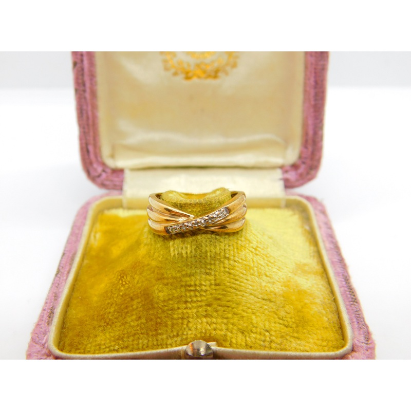9ct Yellow Gold 0.04ct Diamond Crossover Band Ring Vintage c1970 Size J UK