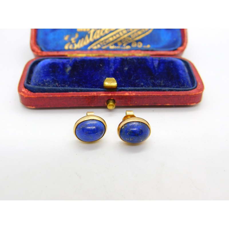 9ct Yellow Gold & Cabochon Lapis Lazuli Set Stud Earrings Vintage c1970