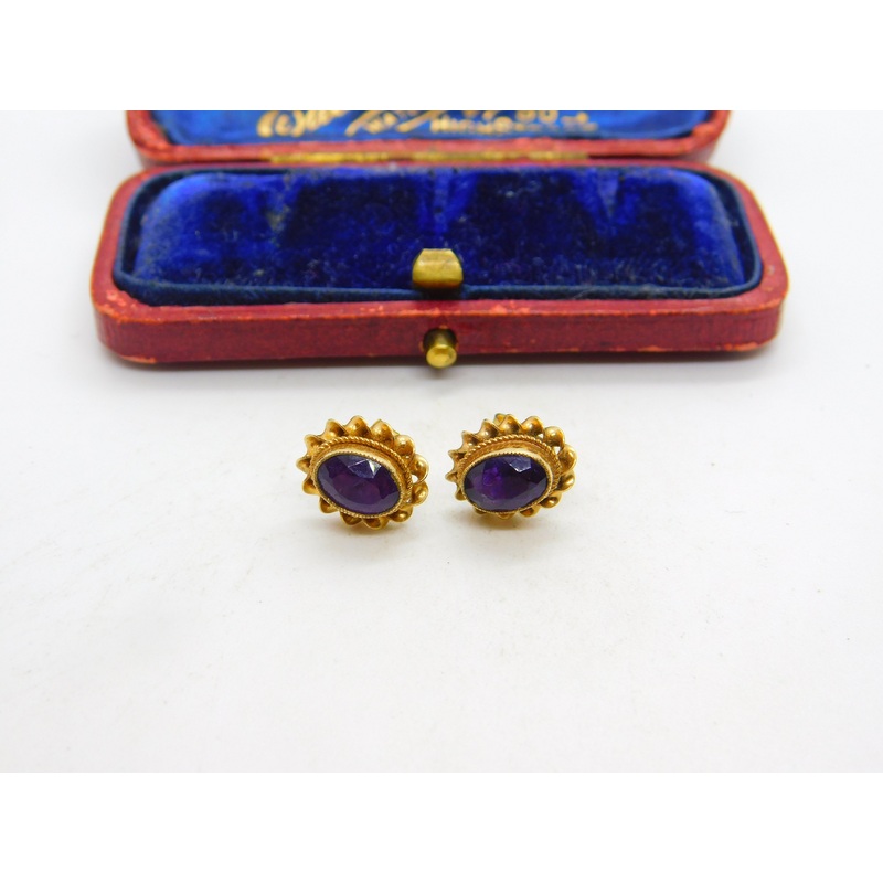 9ct Yellow Gold & Faceted Amethyst Floral Stud Earrings Vintage c1970